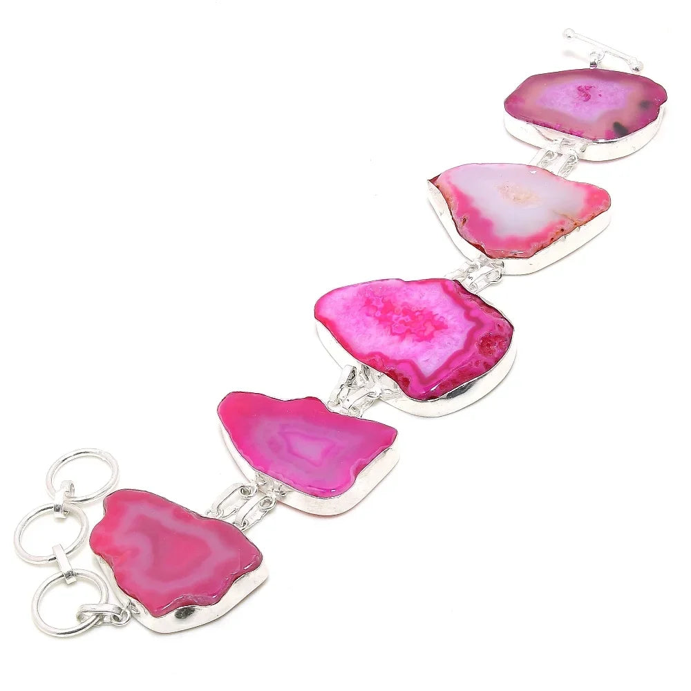 Pink Botswana Agate Gemstone Handmade Ethnic Gifted Bracelet Jewelry 7-8"  212