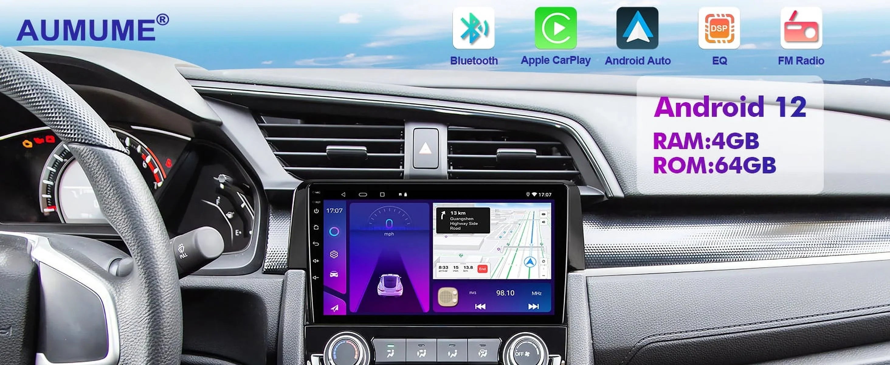 6+128G Android 12 Double Din Car Stereo for Honda Civic 2016-2020 with 9 Inch Touchscreen Radio Built-in Wireless Carplay/Android Auto -in  Backup Camera