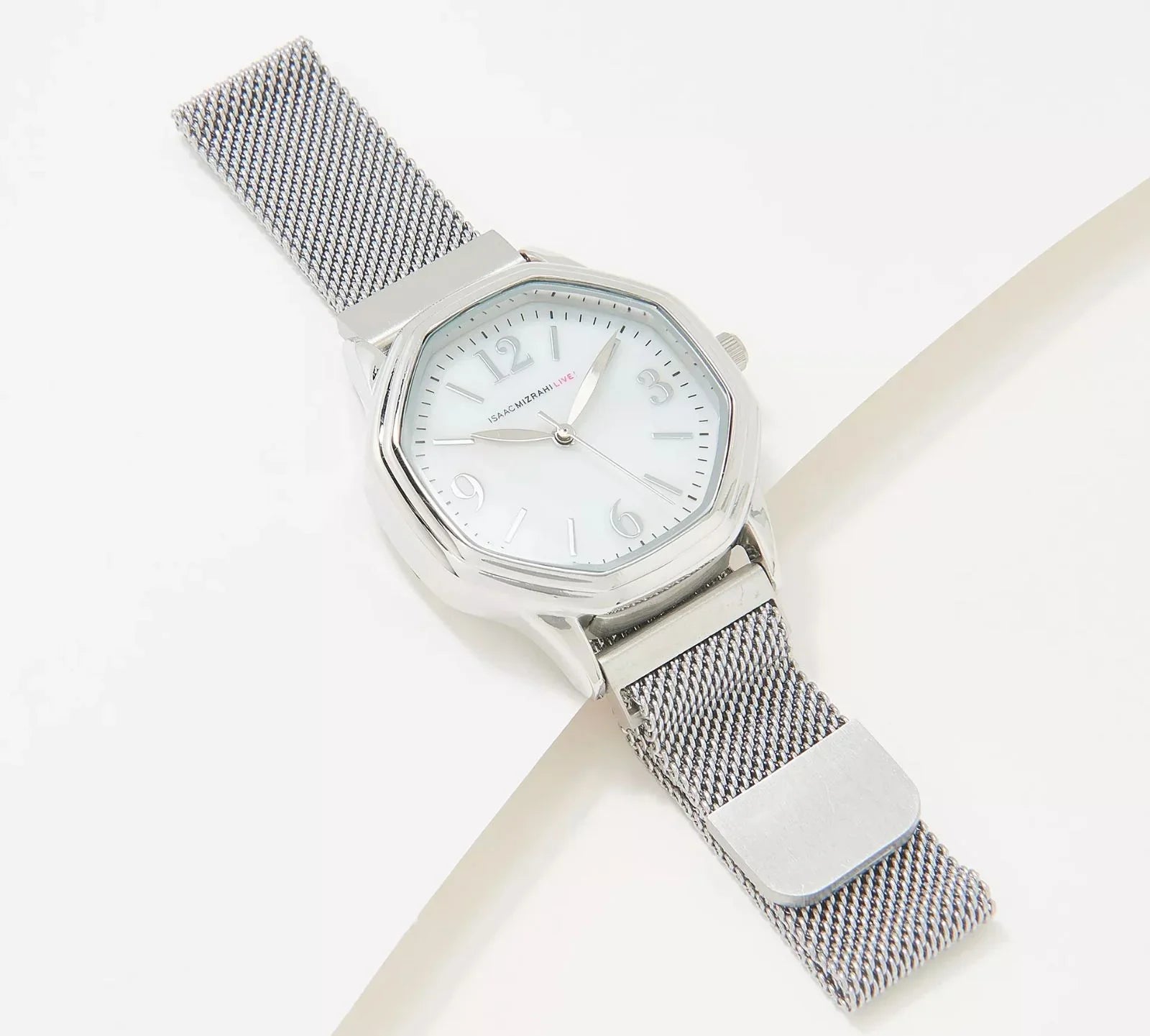 Isaac Mizrahi Live! Octagon Magnetic Mesh Silver Stainless Steel  Strap Watch