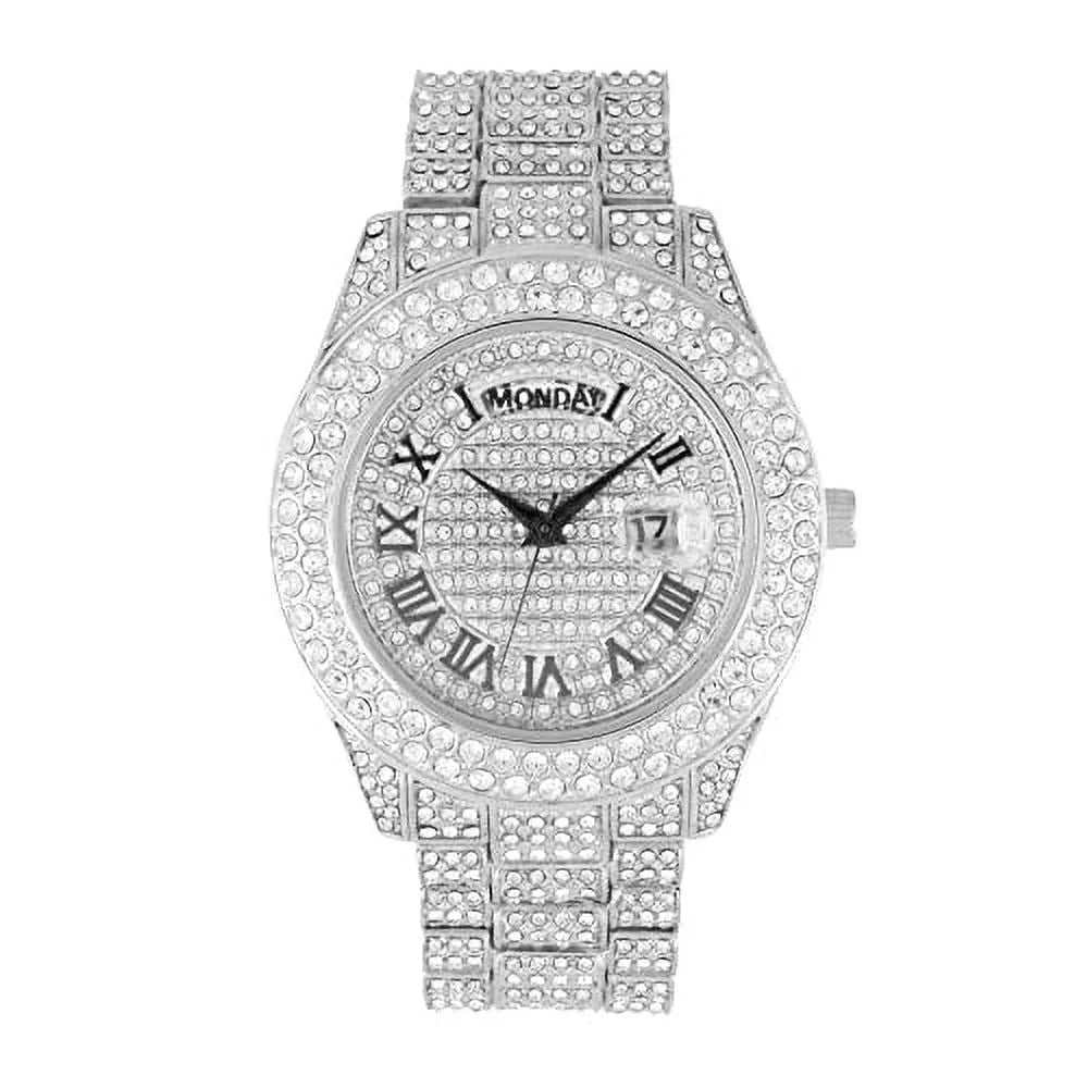 Charles Raymond Big Rocks Fully Iced Out Diamond Mens Watch w/Easy Read Date &Day and Colorful Dials- Designer Hip Hop Blinged Out Timepiece -  (- Silver)