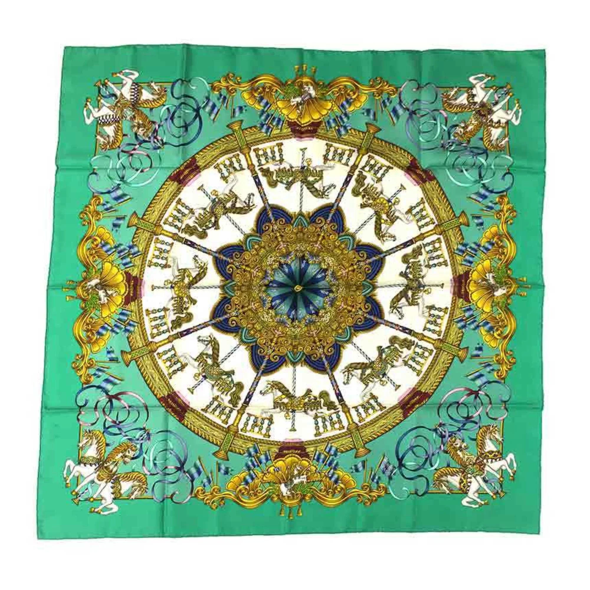 Pre-Owned  Carre 90 Scarf Muffler   Amusement Park Carousel Embroidery Green 100% Silk Hermes aq5159 (Good)