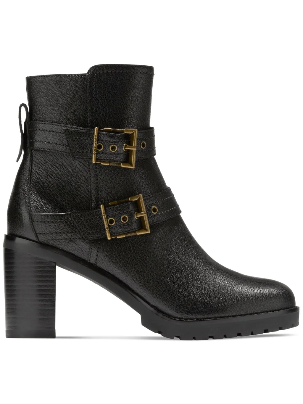 Womens Black Buckle Accent Foster Almond Toe Stacked Heel Zip-Up Leather Booties 5