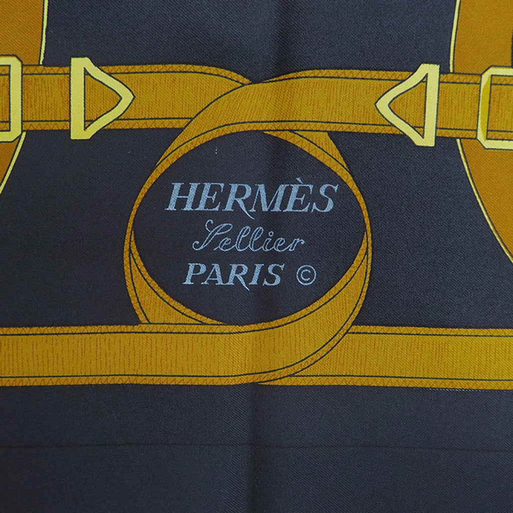 Pre-Owned  Hermes Carre 90 Eperon d'or Golden Spur Pellier Black x Yellow .d'ORiGNY Scarf Muffler (Good)