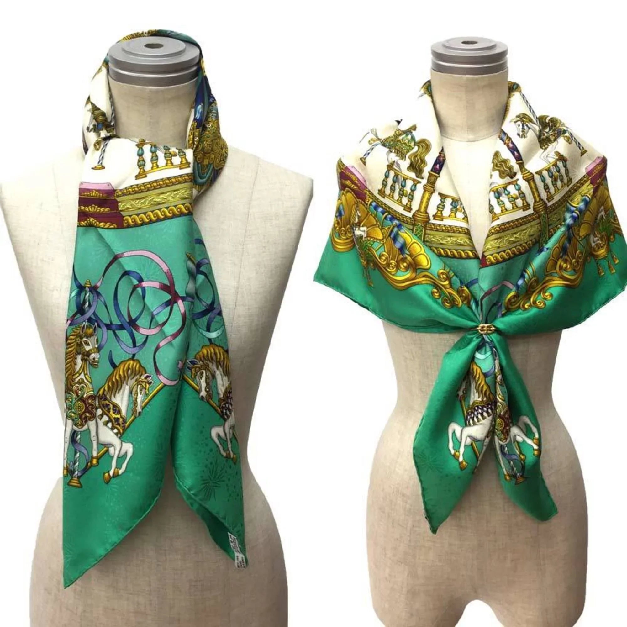 Pre-Owned  Carre 90 Scarf Muffler   Amusement Park Carousel Embroidery Green 100% Silk Hermes aq5159 (Good)