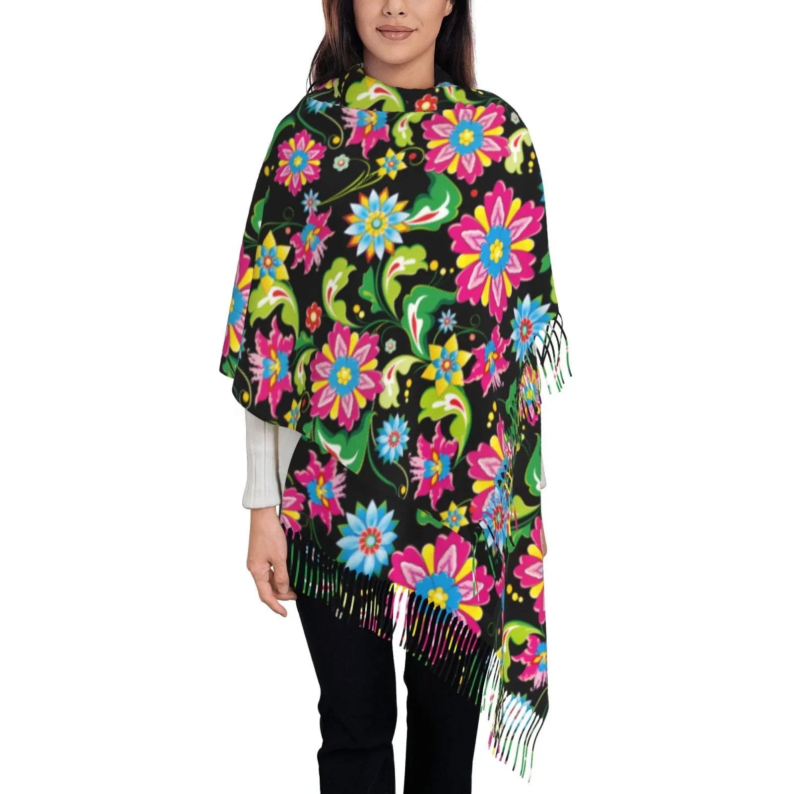 Bingfone Soft Cashmere Feel Scarf For Women Elegant Art Print Winter Warm Scarves Large Shawl Wrap Gifts- Vector Mexican Otomi Style Bright