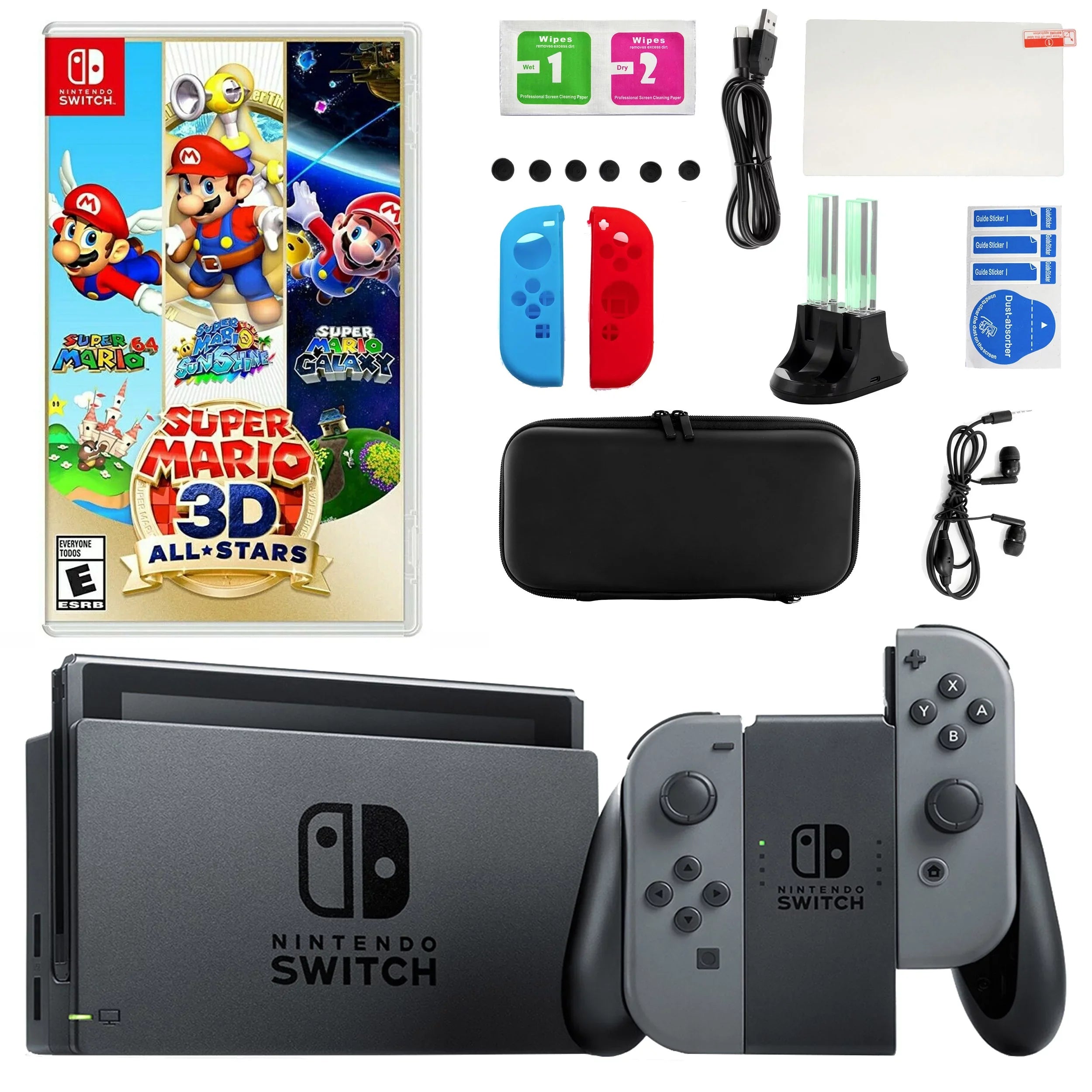 Nintendo Switch in Gray with Super Mario All Star 3D Game and Accessories Kit