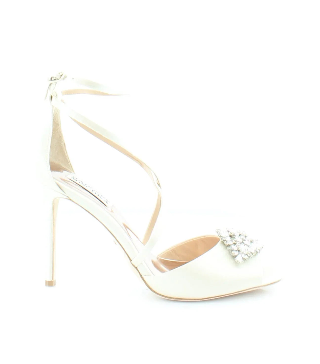 Womens Ivory Satin Beige Cushioned Footbed  Dustbag Embellished Ankle Strap Tatum Open Toe Stiletto Buckle Dress Heeled Gladiator Sandal 8