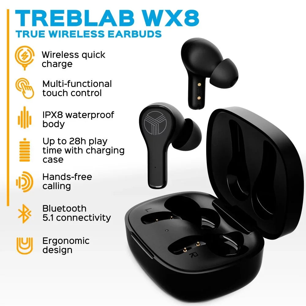 '- True Wireless Earbuds,  Waterproof Earbuds with up 28H of Play Time, Bluetooth 5.1, Touch Control and Noise Isolation, Includes Charging Case w/Wireless Charging, - Port, Black