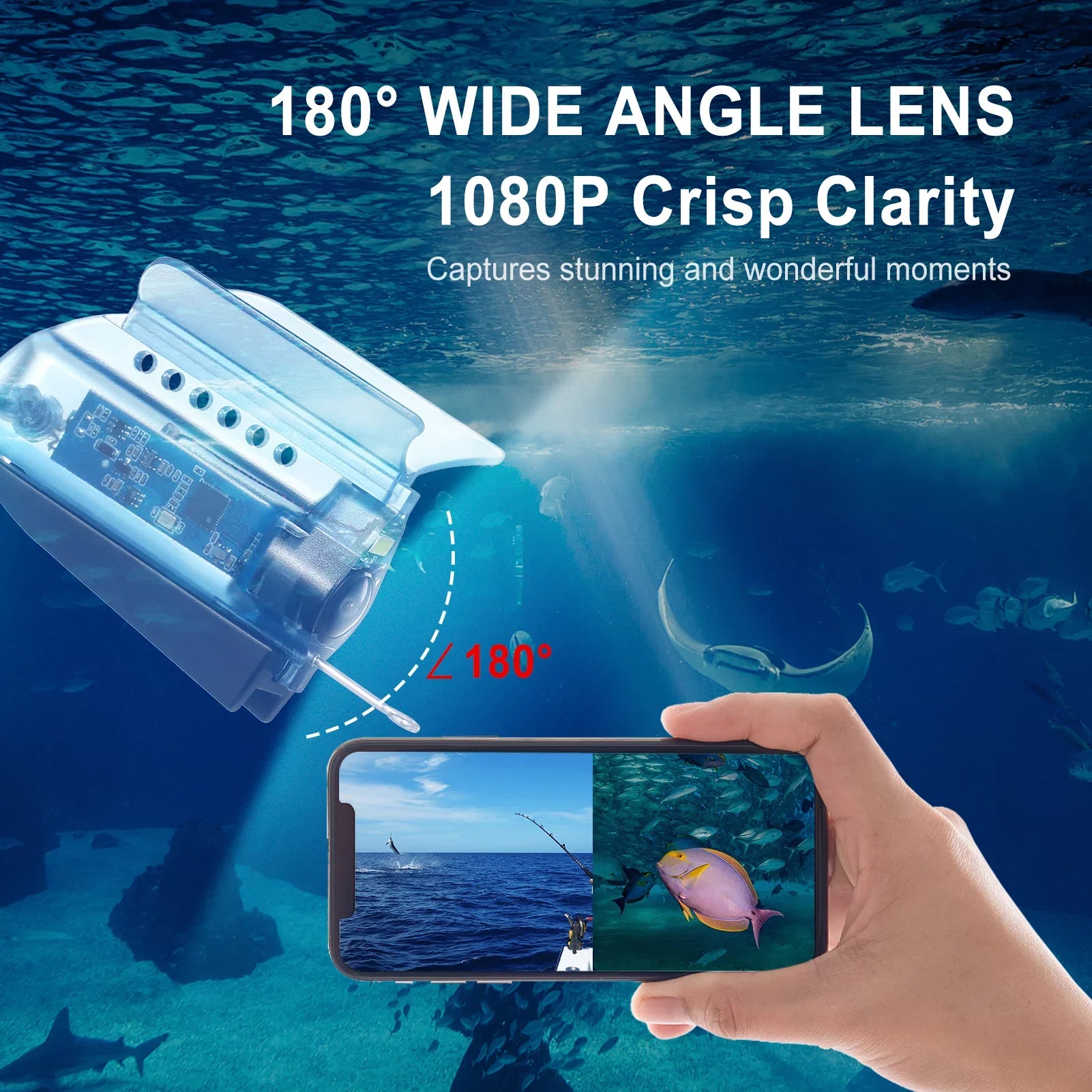 Carevas 1080P Underwater Fishing Camera with  Control Fishing Live Video Camera Fish Finder with 50M Cable Mobile Phone Holder Bait Cage Carry Case for Ice Lake Sea Boat Kayak Fishing