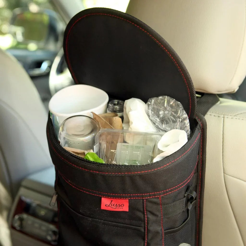 Lusso Gear | Car Trash Can | Hanging, Leakproof Vinyl Garbage Bin with Removable Liner | Large Capacity, Flip Open Lid | Hang or Mount | 2.5 Gallon, Black with Red Stitching