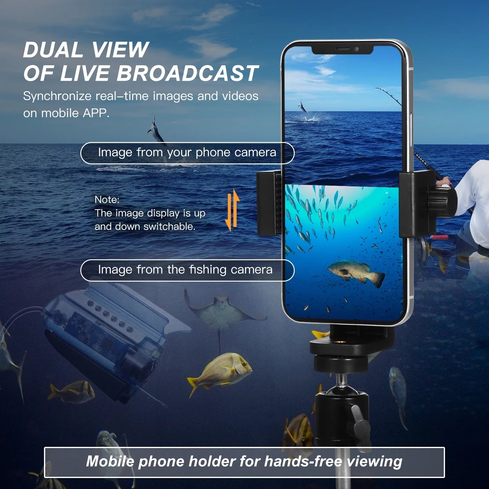 Carevas 1080P Underwater Fishing Camera with  Control Fishing Live Video Camera Fish Finder with 50M Cable Mobile Phone Holder Bait Cage Carry Case for Ice Lake Sea Boat Kayak Fishing