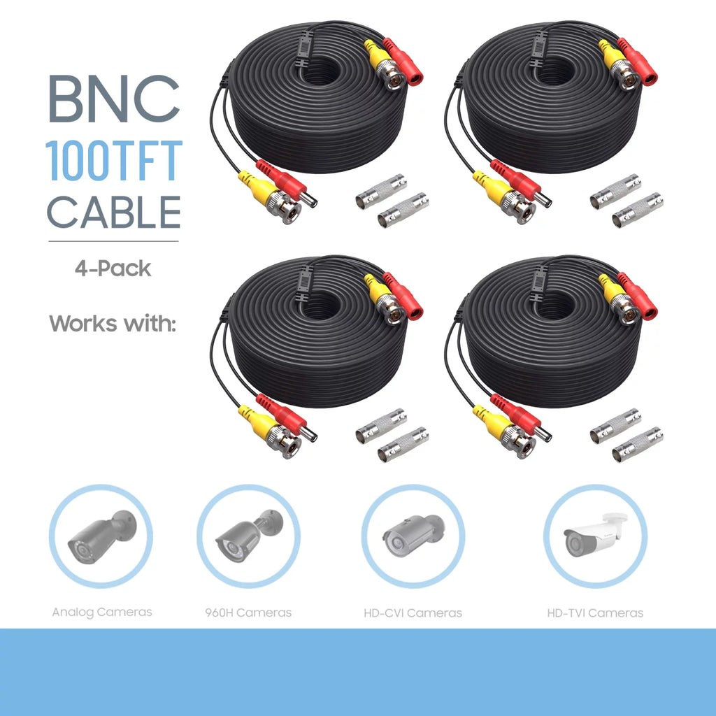 '- Pack of 4  Security Camera  Cable Siamese Pre-Made 2-in-1 Video and Power Universal Wire  Black Cord 100 feet