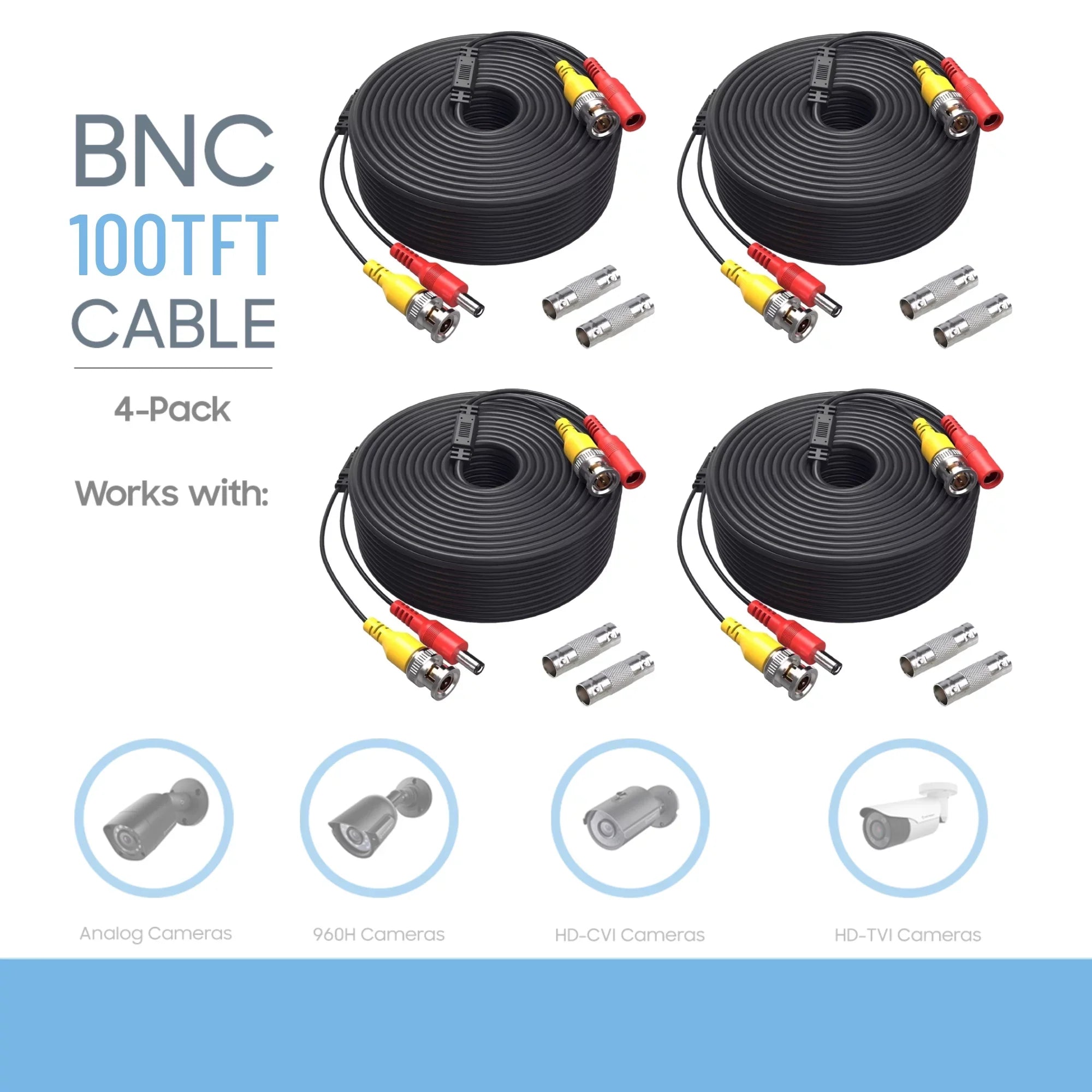 '- Pack of 4  Security Camera  Cable Siamese Pre-Made 2-in-1 Video and Power Universal Wire  Black Cord 100 feet