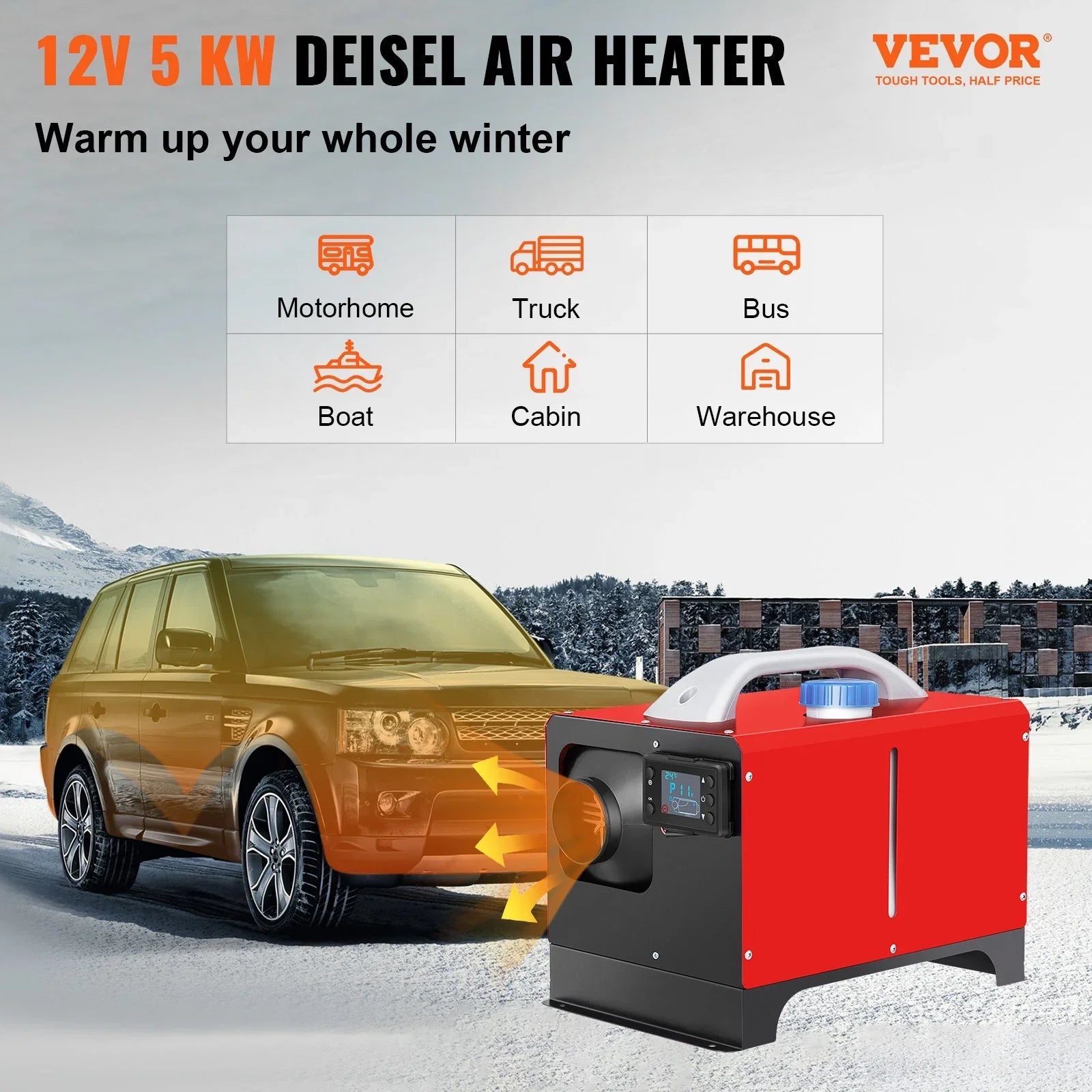 Diesel Air Heater, 5KW 12V Parking Heater, Mini Truck Heater, Single Outlet Hole, with Black , Remote Control, Fast Heating Diesel Heater, For  Truck, Boat, Bus, Car Trailer, Motorhomes