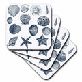 3dRose Blue Sea Shells Nautical beach theme ocean art, Soft Coasters, set of 4
