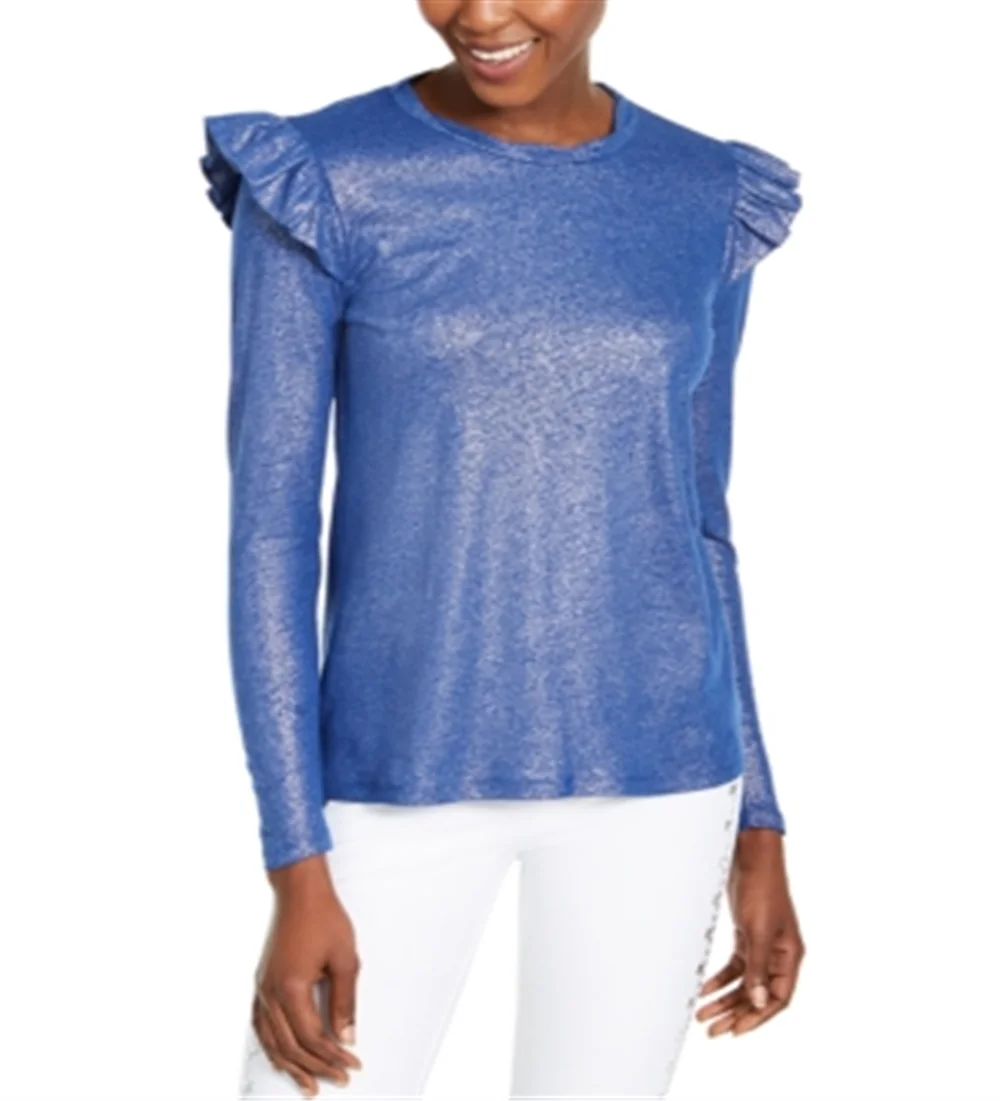 Womens Blue Ruffled Metallic Long Sleeve Jewel Neck Top Size: