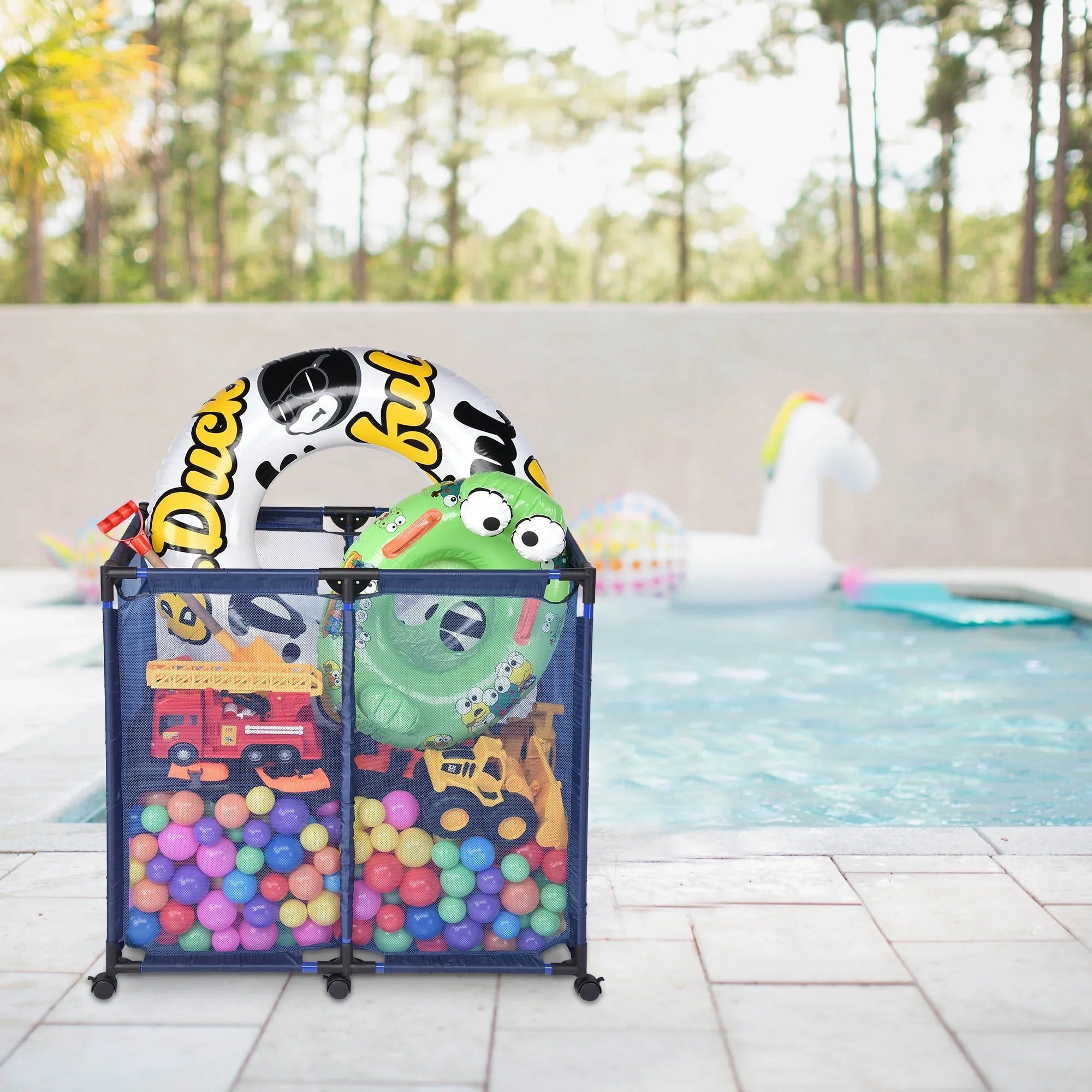 Pool Storage Bin, Pool and Ball Storage Organizer with Nylon Mesh Basket, for Pool Floats, Balls, Toys, Air Dry Quickly and Easily Roll The Storage Bins To Your Home Garage(No shipping on weekends.)