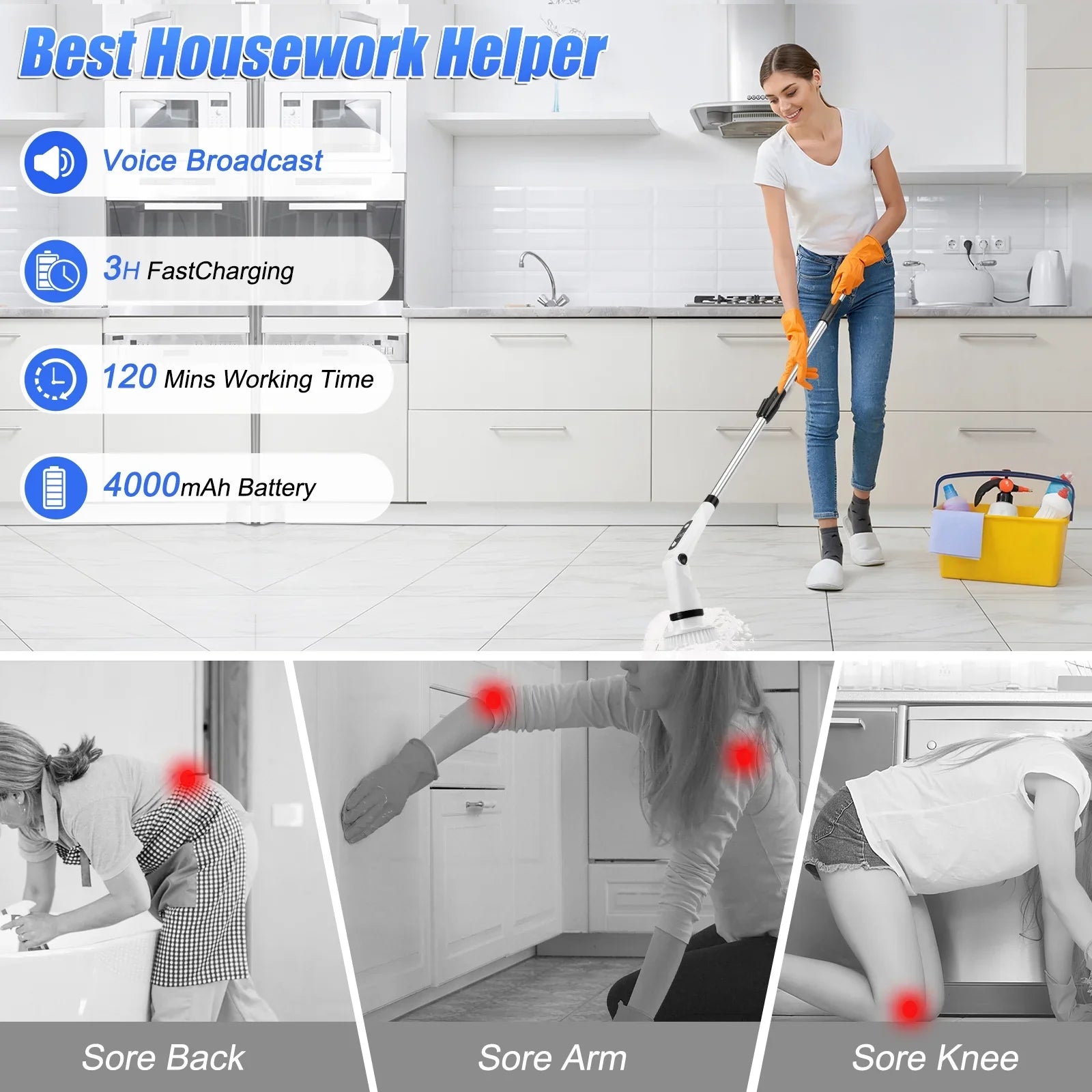 Electric Spin Scrubber,  Cordless Cleaning Brush with 8 Brush Heads,Shower Scrubber with Long Handle Household Cleaning Brushes for Bathroom Tub Tile Kitchen Floor Car