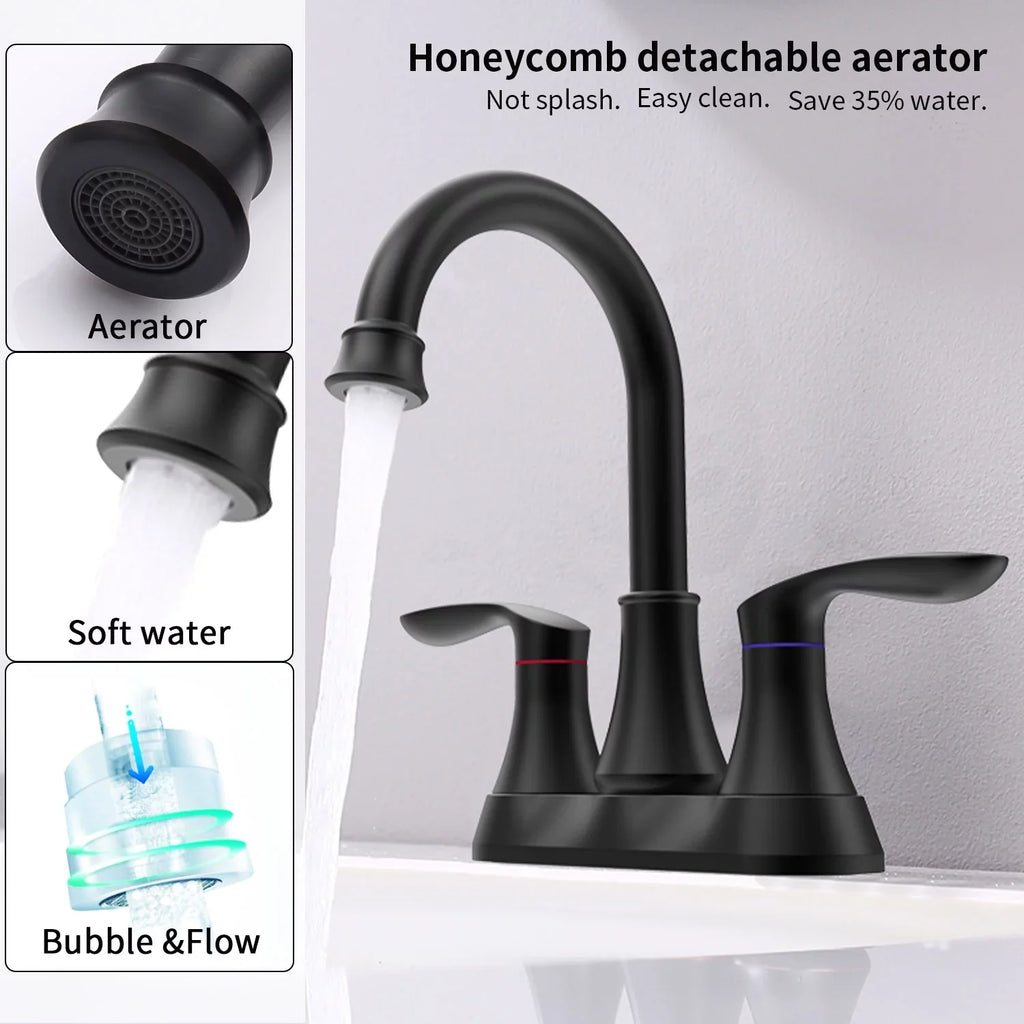 Kichae 6 Inch Vanity Sink Faucet，2-Handle 360 Degree Swivel Bathroom Spout Centerset Faucet with Pop-up Drain & Supply Hoses，Matte Black