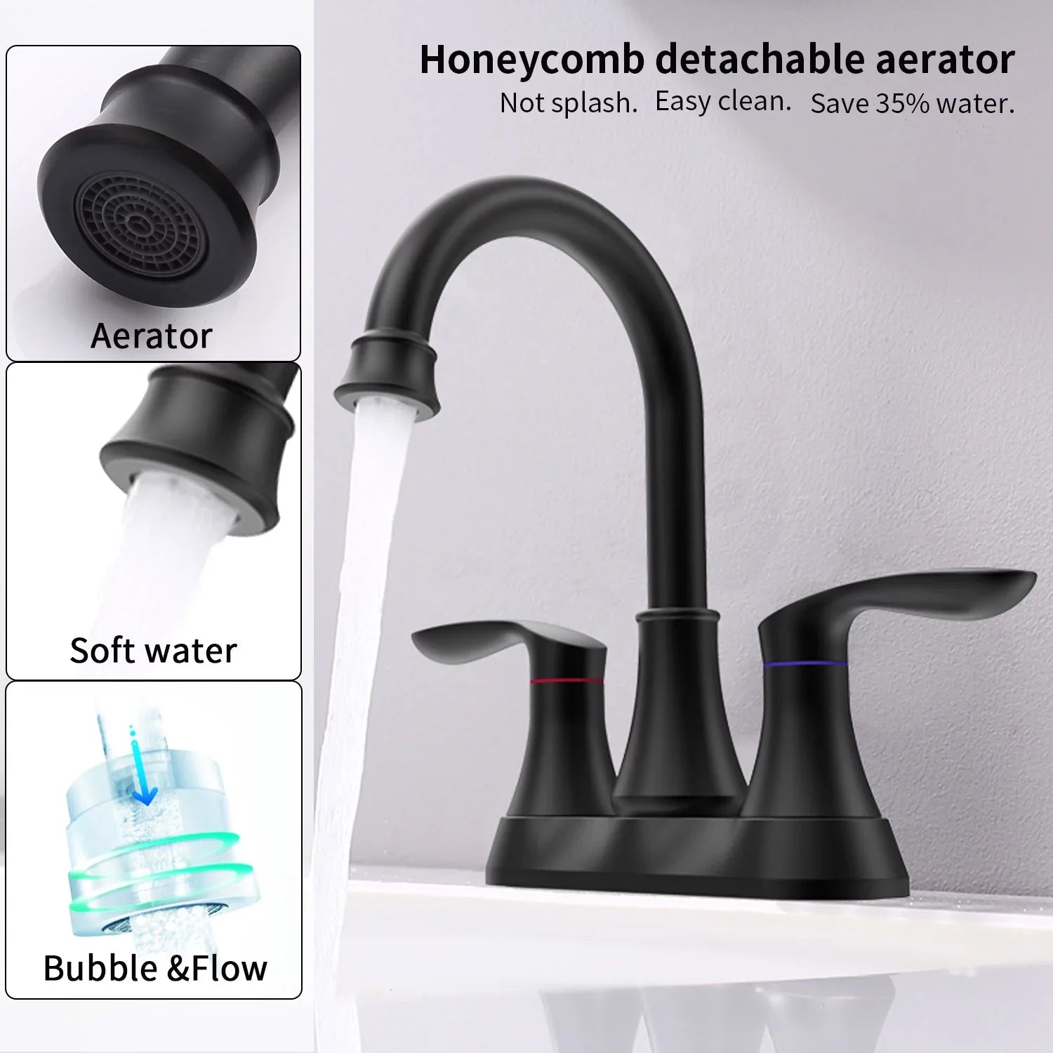 Kichae 6 Inch Vanity Sink Faucet，2-Handle 360 Degree Swivel Bathroom Spout Centerset Faucet with Pop-up Drain & Supply Hoses，Matte Black
