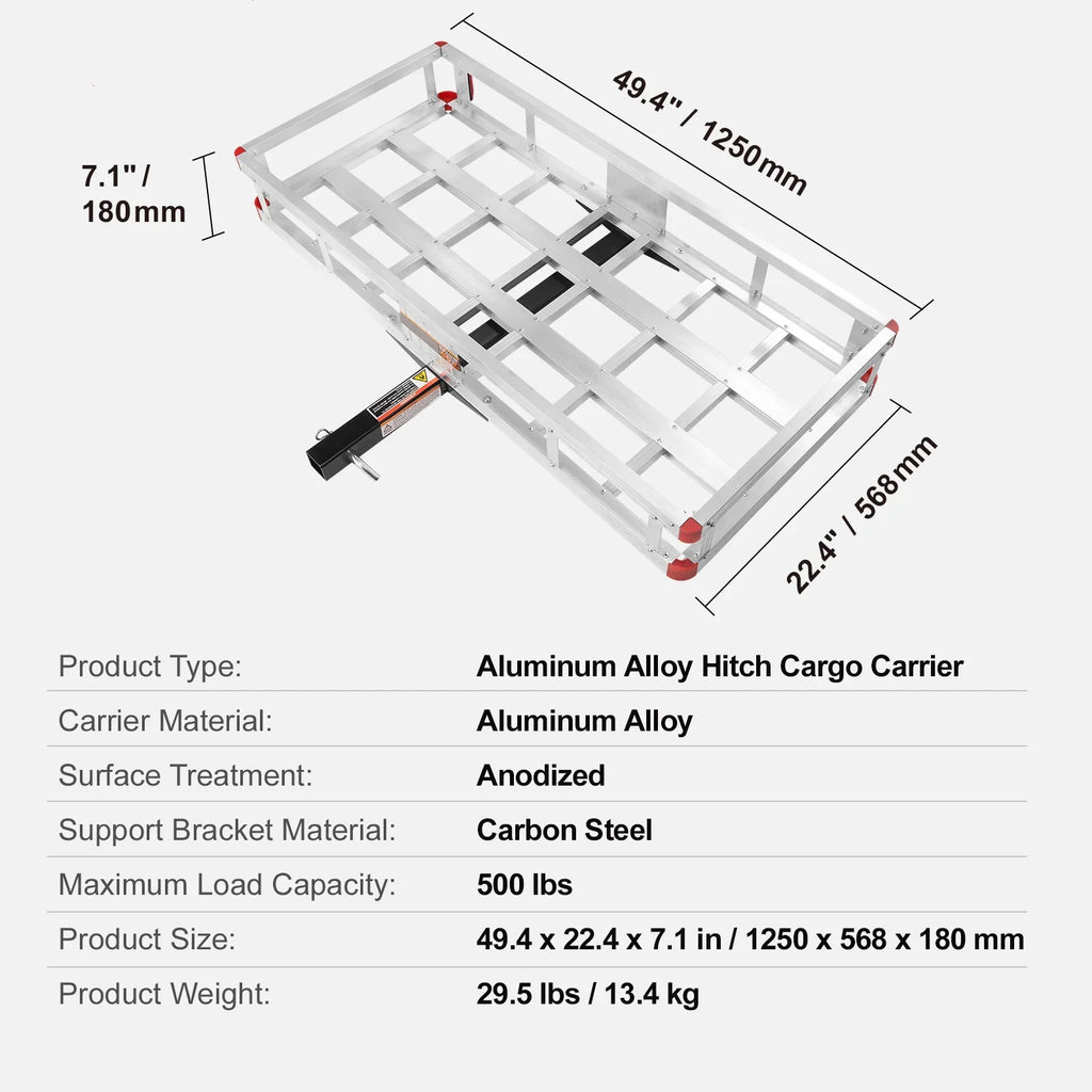 Hitch Mount Cargo Carrier 47 x 20 x 6 in 500lb Aluminum Corrosion-Resistant Fits 2" Receiver Cargo Basket for SUVs Sedans Vehicles
