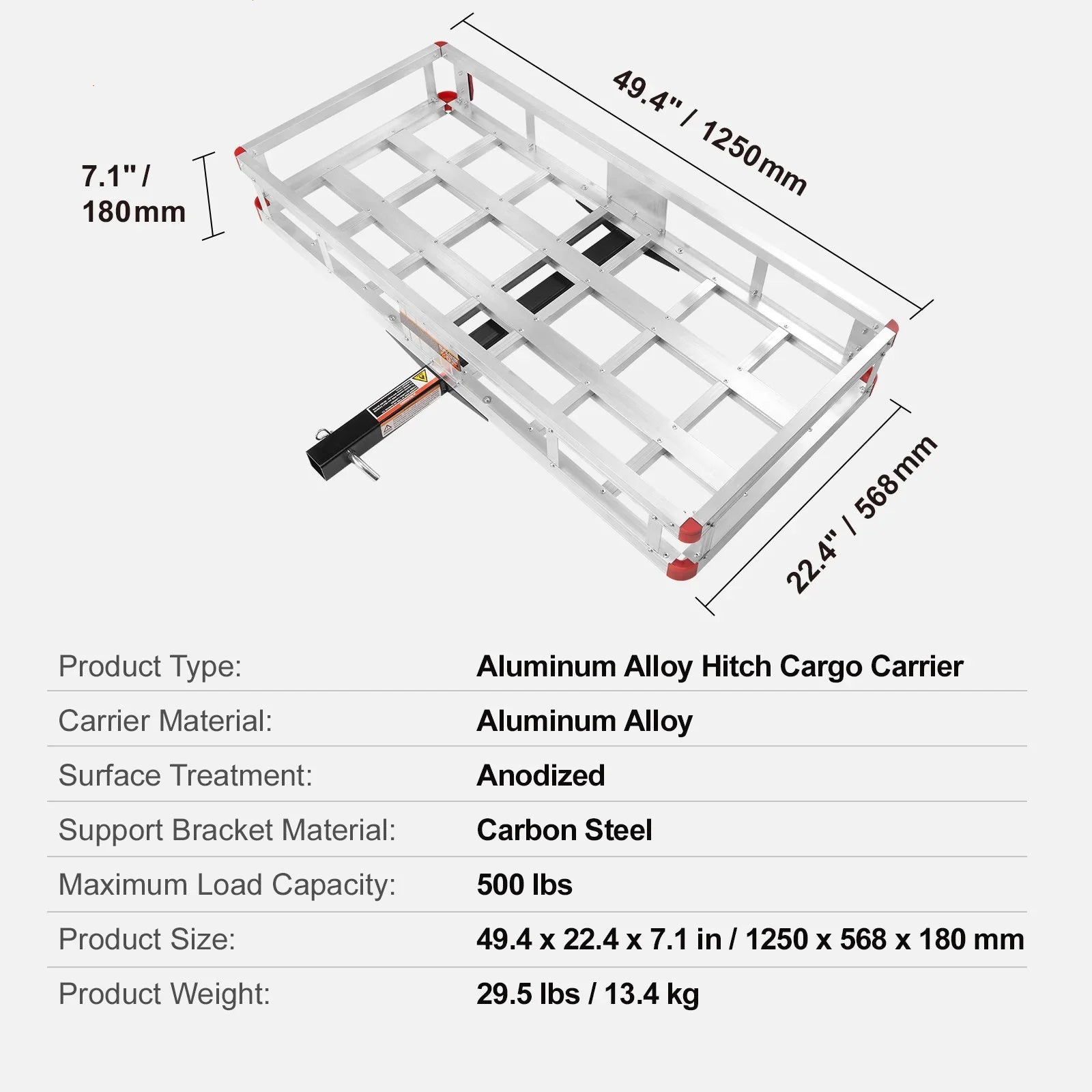 Hitch Mount Cargo Carrier 47 x 20 x 6 in 500lb Aluminum Corrosion-Resistant Fits 2" Receiver Cargo Basket for SUVs Sedans Vehicles