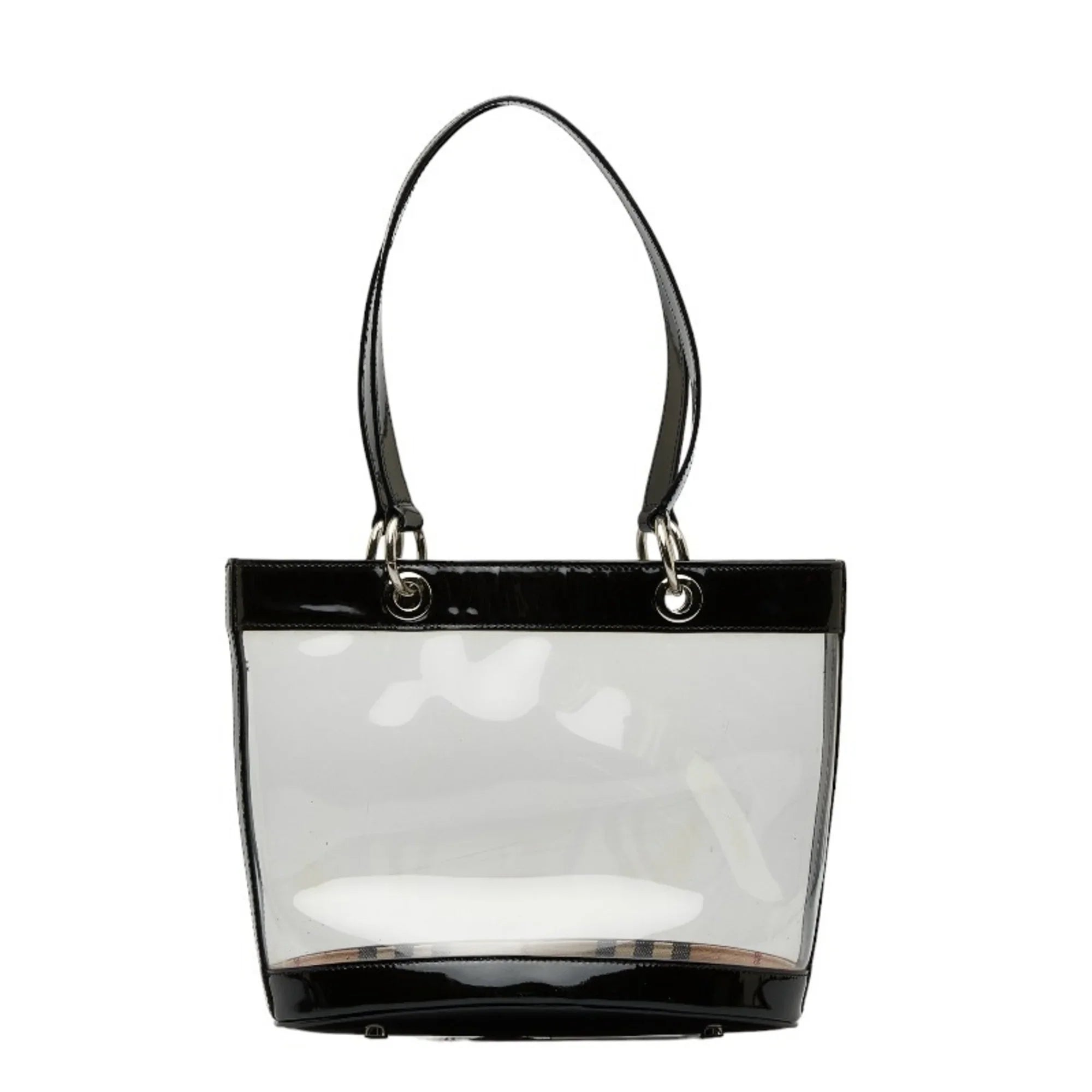 Pre-Owned Burberry Nova Check Embossed Clear Bag Handbag Tote Beige Black Vinyl Leather Canvas Ladies  (Good)