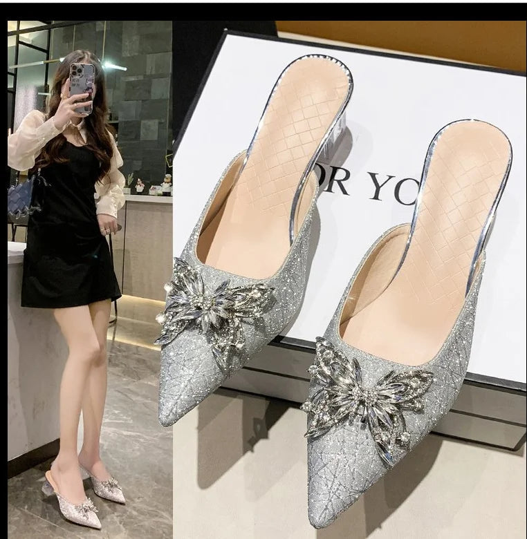 Crystal Luxury  High Heels Women Mules Shoes Sexy Pointed Toe Sandals 2024 Summer Designer Dress Flip Flops Pumps Slides