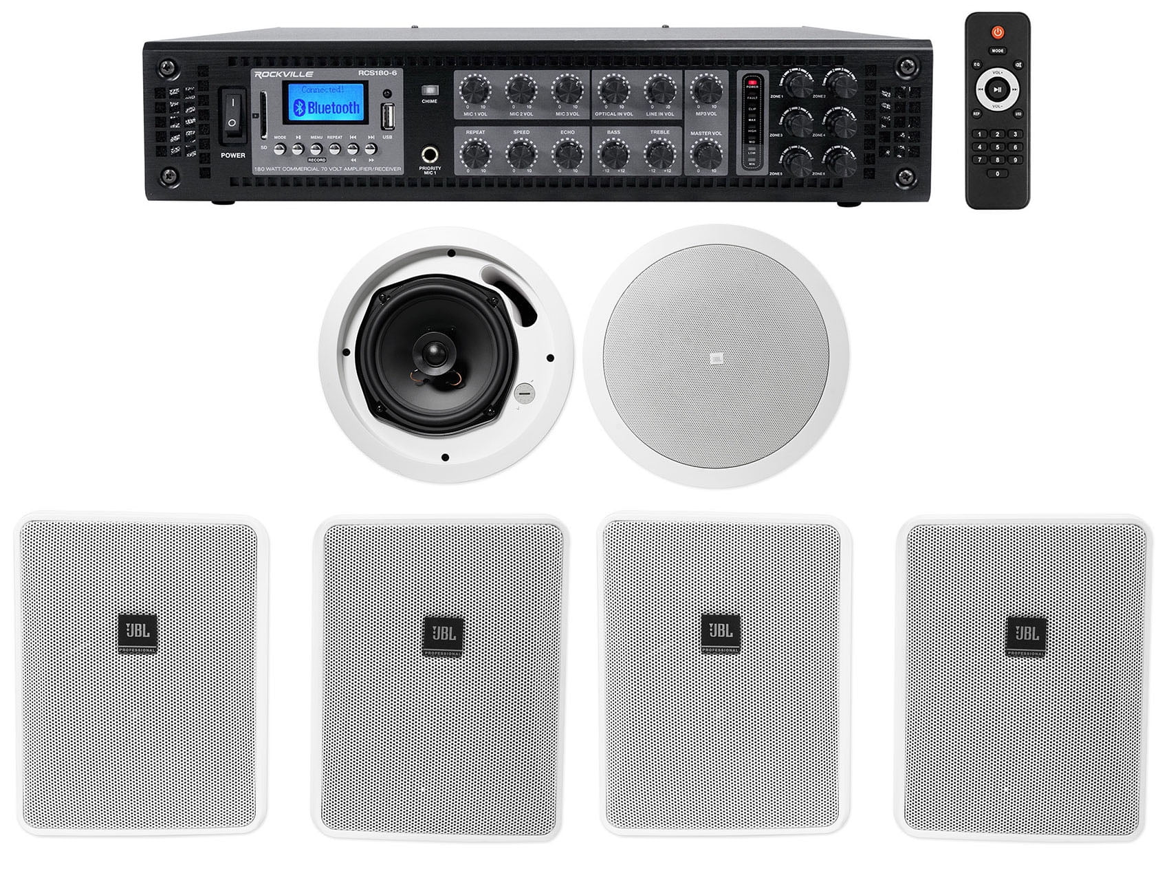 4)  5.25" White Commercial Wall+6.5" Ceiling Speakers+Amp Restaurant/Cafe/Bar