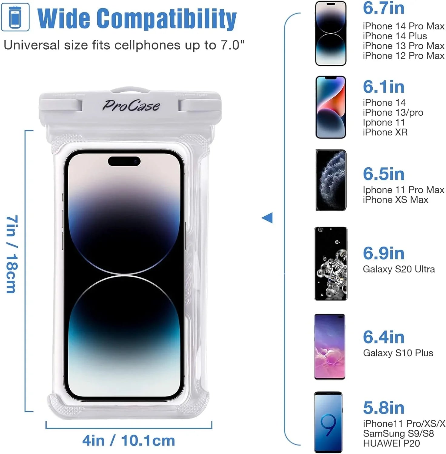 2 Pack ProCase Waterproof Phone Case Dry Bag Pouch, for iPhone 14 Plus Pro Max, iPhone 13 12 Pro Max, 11 Xs Max   8 7 6S Plus, Galaxy  +  , Up to 7.0 inch -White/Black