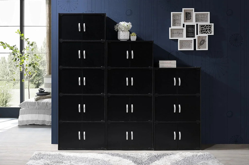 8 Door 4 Shelf Modern Wooden Heavy Duty Floor Mount Multipurpose Storage Bookcase Cabinet with Installation Hardware, Black