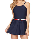 Women's Belted One Piece Dress Swimsuit, Blue, 10