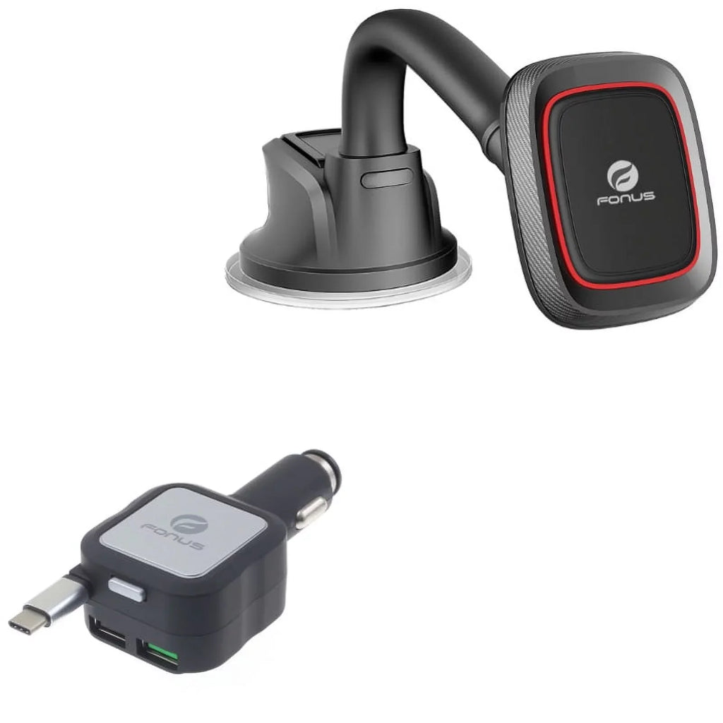 Magnetic Mount Holder w Retractable Car Charger  for Nokia 8, 3.1 Plus - OnePlus 5T, 6, 6T, 7 Pro - Razer Phone 2 -  Hydrogen One - Samsung Galaxy  Plus, + , S10e  Plus active
