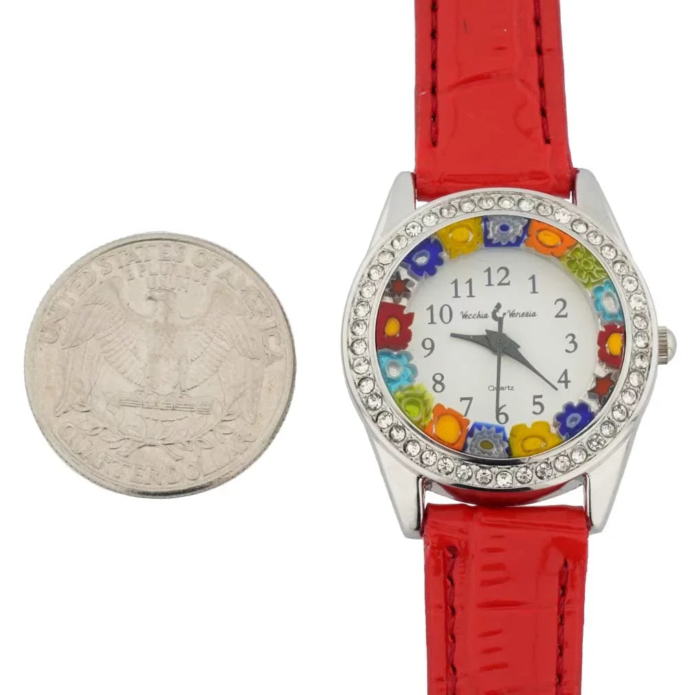 GlassOfVenice Murano Glass Watch Millefiori And Crystals With Leather Band - Red