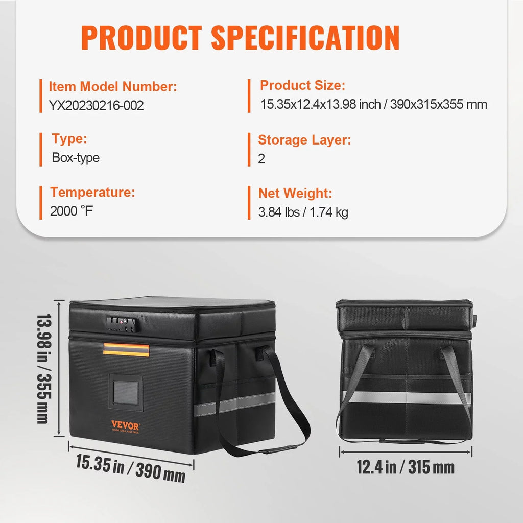 Fireproof Document Box with Lock File Document Organizer 2000℉ Fireproof & Waterproof Document Bag 2 Layer Portable File Box with Handle