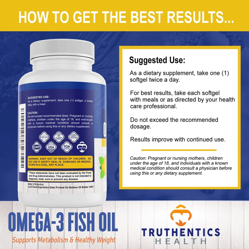 Truthentics Omega 3 Fish Oil 2400 mg (2 Pack) - 100% Pure Sea-Harvested Triple Strength Fish Oil - High   Omega 3 Fatty Acids - Lemon Flavor - 120 Burpless Softgels