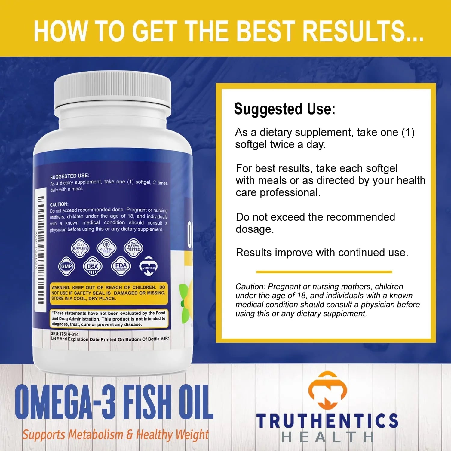 Truthentics Omega 3 Fish Oil 2400 mg (2 Pack) - 100% Pure Sea-Harvested Triple Strength Fish Oil - High   Omega 3 Fatty Acids - Lemon Flavor - 120 Burpless Softgels