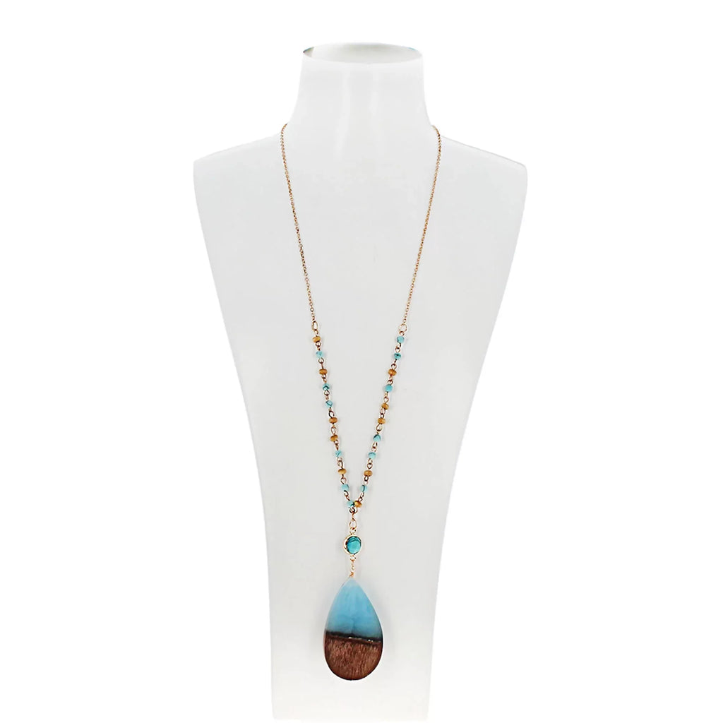 Blue Box Boutique Inc Aqua Resin Wood Pendant Beaded Chain Necklace for Women, Tenes | Wood Anniversary Gift