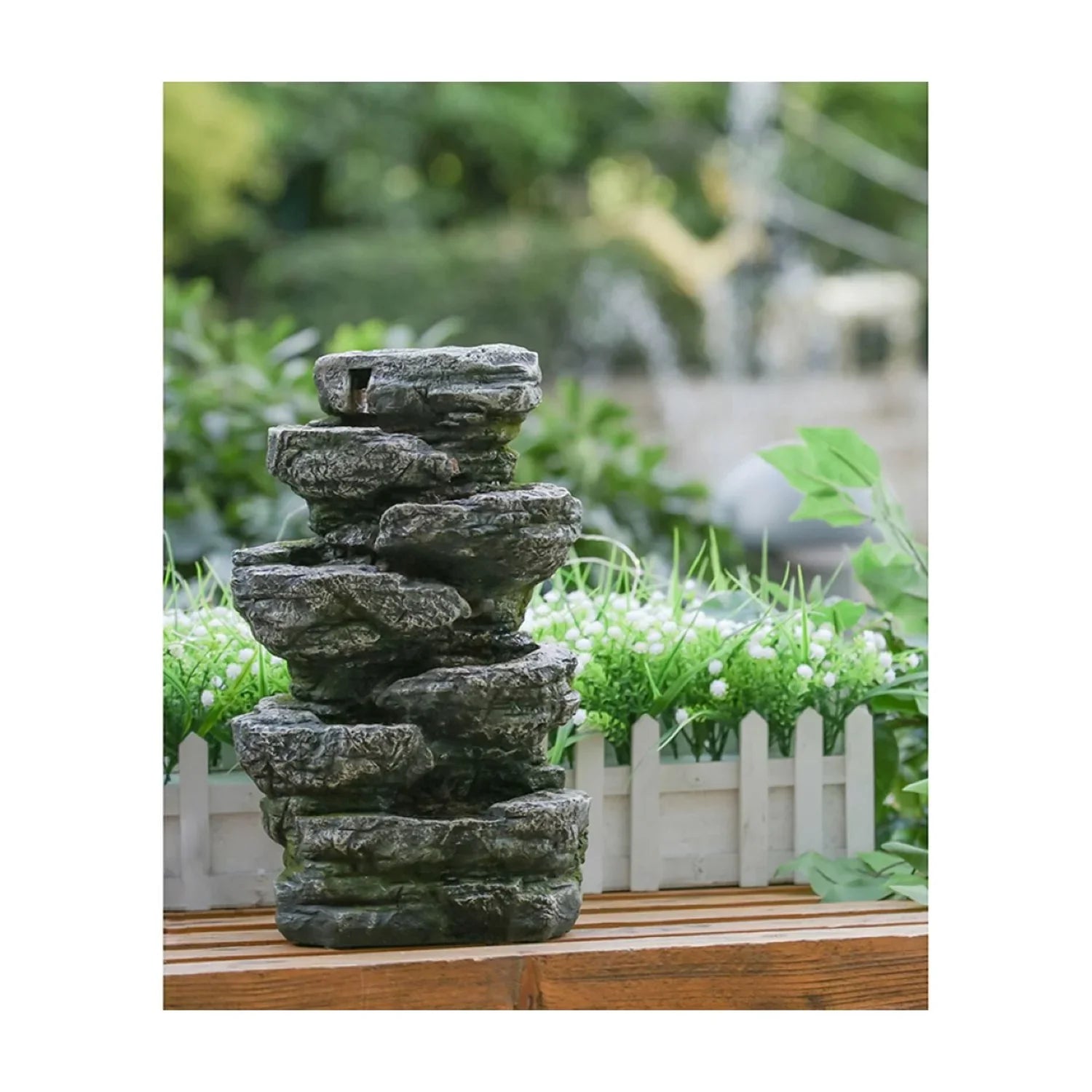 Home Furnishings Cascading Stone Tabletop Outdoor Fountain with Light - 13.75" - Brown
