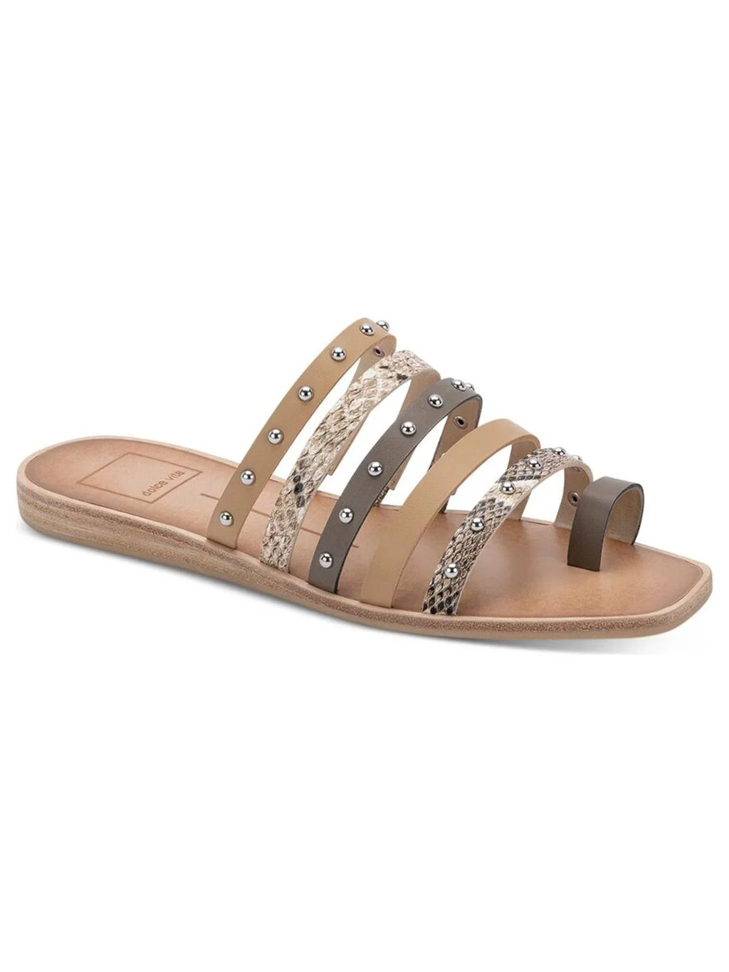 Womens Beige Snake Toe-Loop Strappy Studded Kaylee Square Toe Wedge Slip On Slide Sandals Shoes 6.5