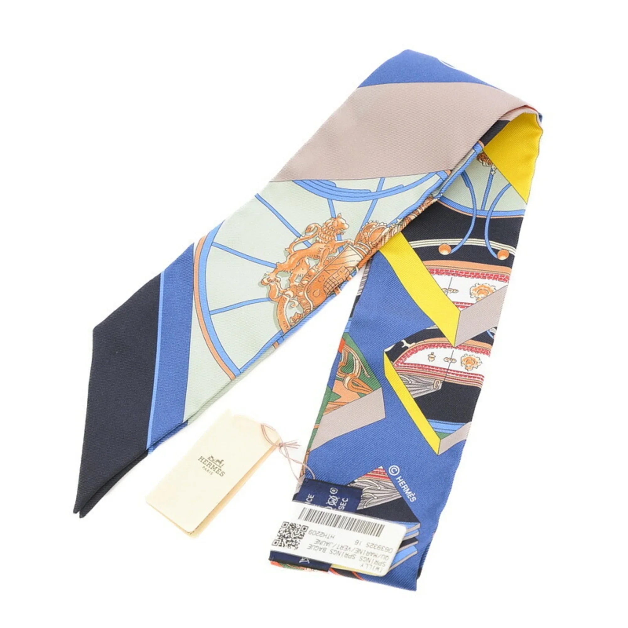 Pre-Owned Hermes Twilly Scarf Spring Baguette Marine/Vert/Jaune 100% Silk (Like New)