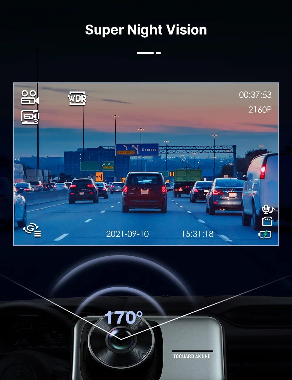Toguard 4K Dash Cam Front and Rear Dual Dash Camera 3-inch   Car Camera with Parking Monitor, Loop Recording, -Sensor Function, Motion Detection, Built-in Battery