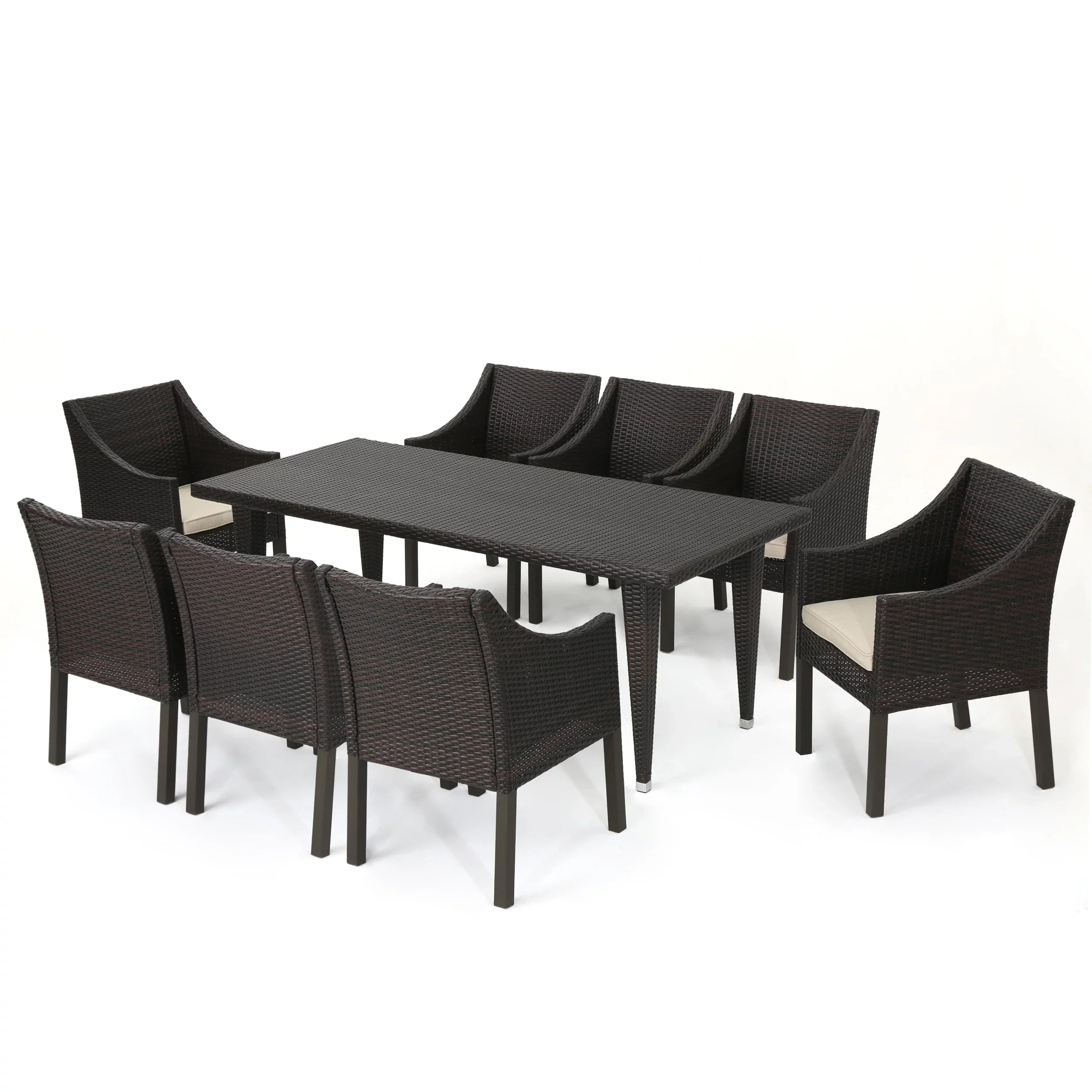 Noble House Arcadia Outdoor 9 Piece Wicker Rectangular Dining Set with Cushions, Multibrown, Beige