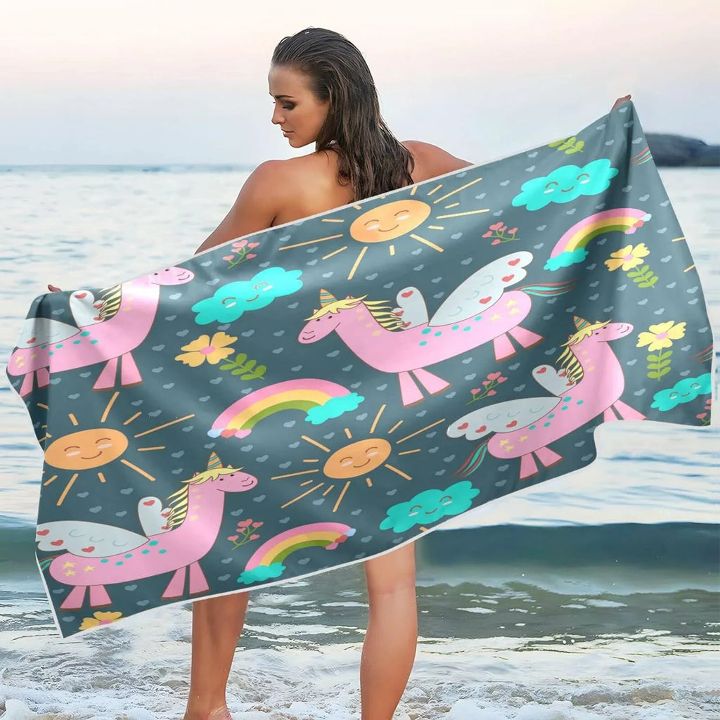Bestwell Pink Unicorns Beach Towel Oversized Towel Blanket, Thin Lightweight Microfiber Sand Free Quick Dry Towel, 31”” Multipurpose Pool Bath Yoga Swim Shower Towel