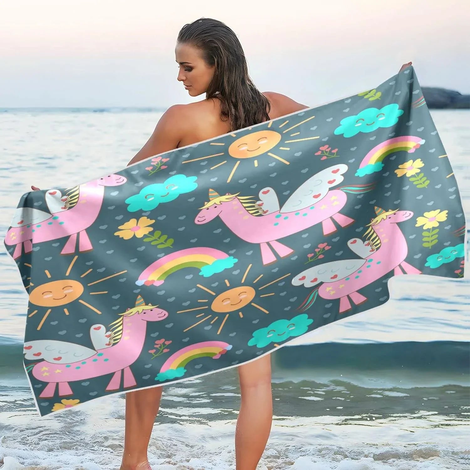 Bestwell Pink Unicorns Beach Towel Oversized Towel Blanket, Thin Lightweight Microfiber Sand Free Quick Dry Towel, 31”” Multipurpose Pool Bath Yoga Swim Shower Towel