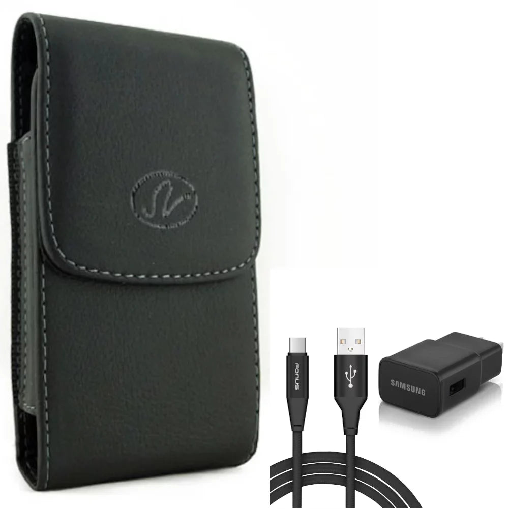 6ft  Cable Type- Fast Home Charger w Holster Leather Case Belt Clip for -Mobile  4 - Wiko Ride 3 - Xiaomi Redmi Note 7, Mi 9T -  Blade 10, Axon 10 Pro, Max 2S
