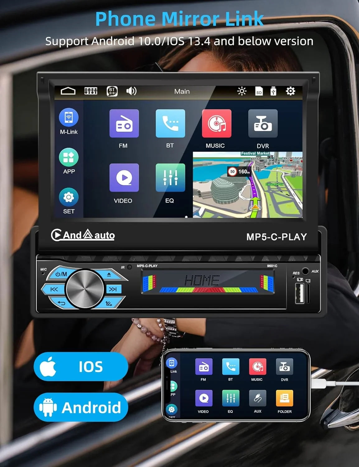 Carplay Car Stereo with Android Auto Bluetooth,7 Inch Flip Out Touchscreen Car Radio,Car Audio Receivers Support Phone Mirror Link,with  Radio/Backup Camera/  -in Port