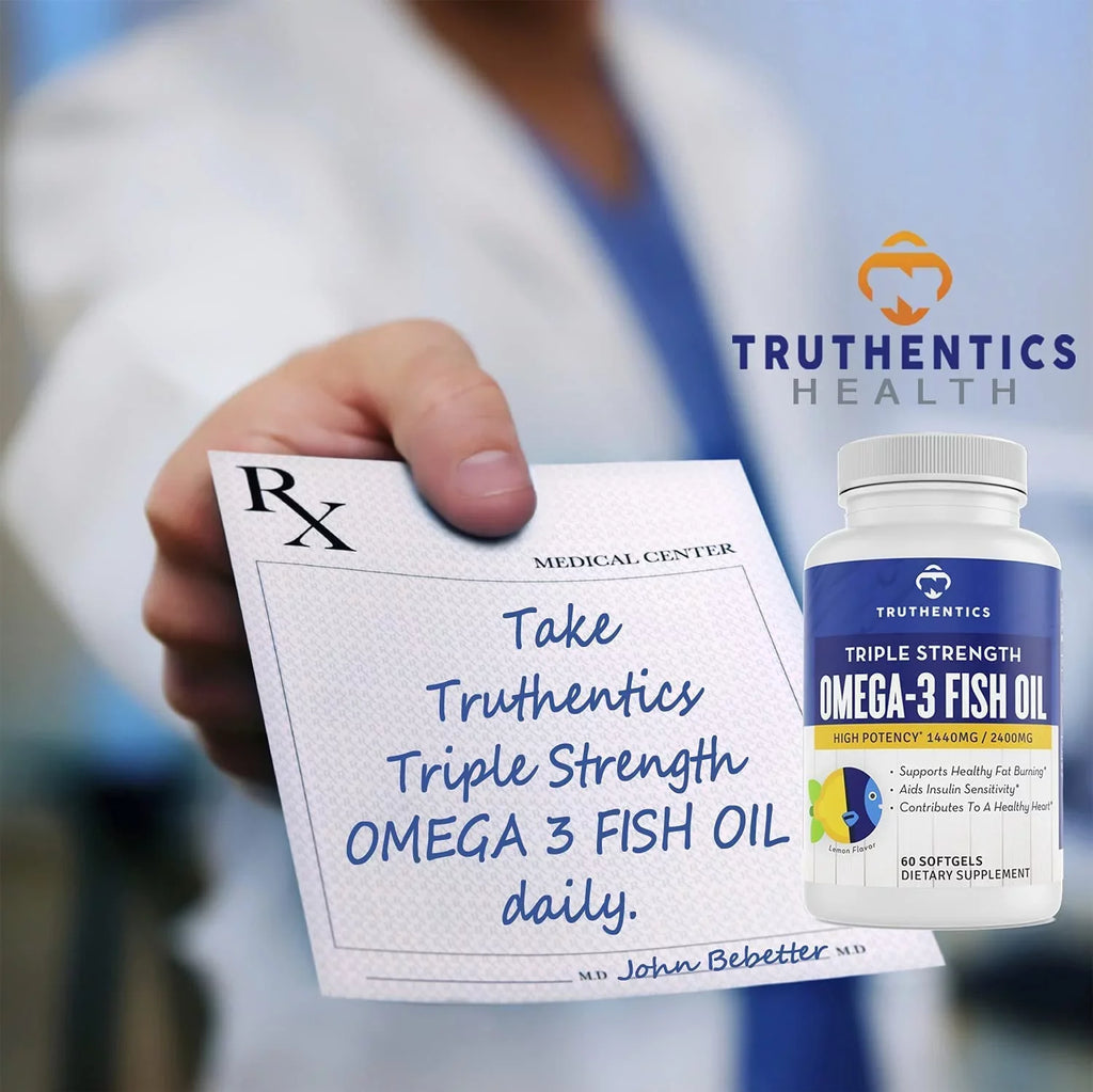 Truthentics Omega 3 Fish Oil 2400 mg (2 Pack) - 100% Pure Sea-Harvested Triple Strength Fish Oil - High   Omega 3 Fatty Acids - Lemon Flavor - 120 Burpless Softgels