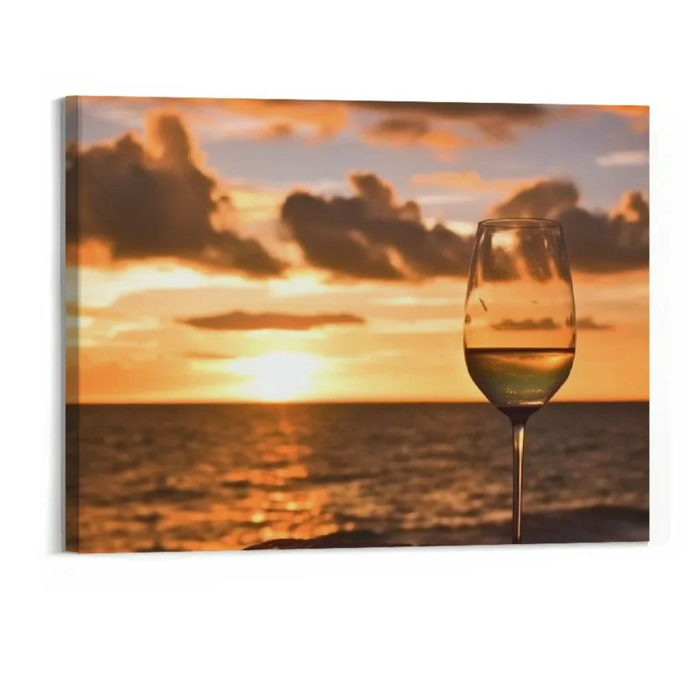 Wall Art Painting Pictures Glass of white wine on the beach at sunset Sundowners Framed Poster Prints on Canvas Artwork for Living Room Bedroom Home Office Decor 20x16 Inch