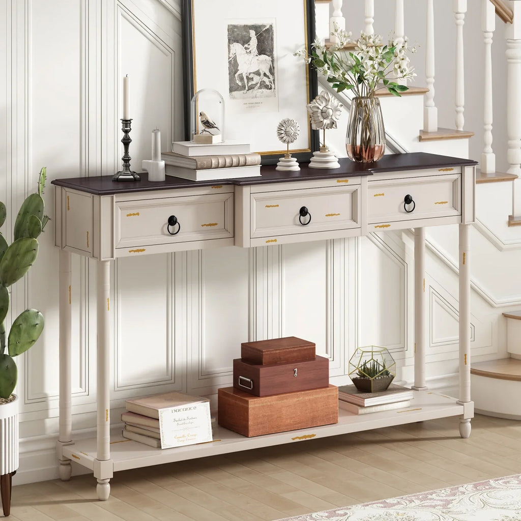 Console Table Sofa Table with Drawers for Entryway with Projecting Drawers and Long Shelf (Antique White     )